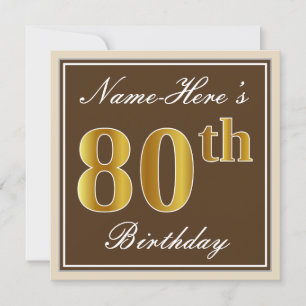 Elegant, bruin, Faux Gold 80th Birthday + naam Kaart