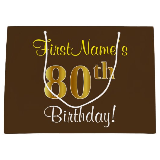 Elegant, bruin, Faux Gold 80th Birthday + naam Large Cadeautasje (Voorkant)