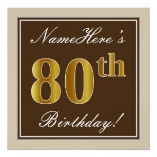 Elegant, bruin, Faux Gold 80th Birthday + naam Poster