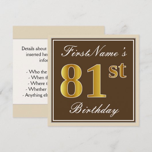 Elegant, bruin, Faux Gold 81st Birthday + naam Kaart (Voorkant / Achterkant)