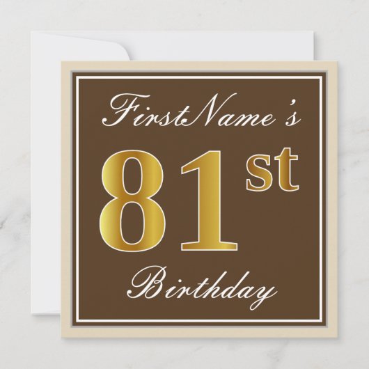 Elegant, bruin, Faux Gold 81st Birthday + naam Kaart (Voorkant)