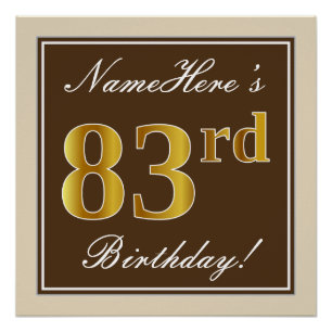 Elegant, bruin, Faux Gold 83rd Birthday + naam Poster