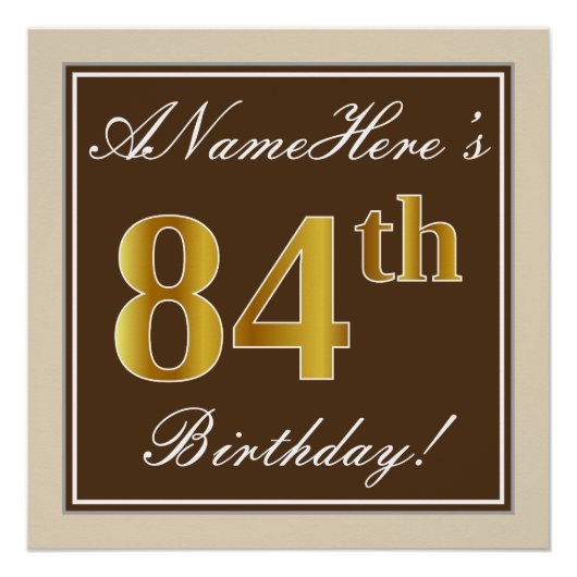 Elegant, bruin, Faux Gold 84th Birthday + naam Poster (Voorkant)