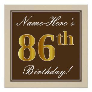 Elegant, bruin, Faux Gold 86th Birthday + naam Poster