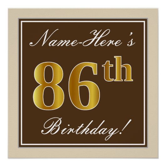 Elegant, bruin, Faux Gold 86th Birthday + naam Poster (Voorkant)