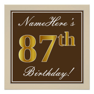 Elegant, bruin, Faux Gold 87th Birthday + naam Poster