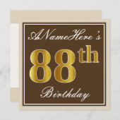 Elegant, bruin, Faux Gold 88th Birthday + naam Kaart (Voorkant / Achterkant)