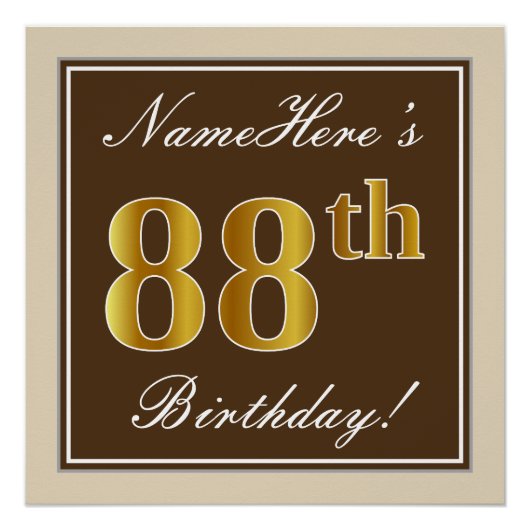 Elegant, bruin, Faux Gold 88th Birthday + naam Poster (Voorkant)