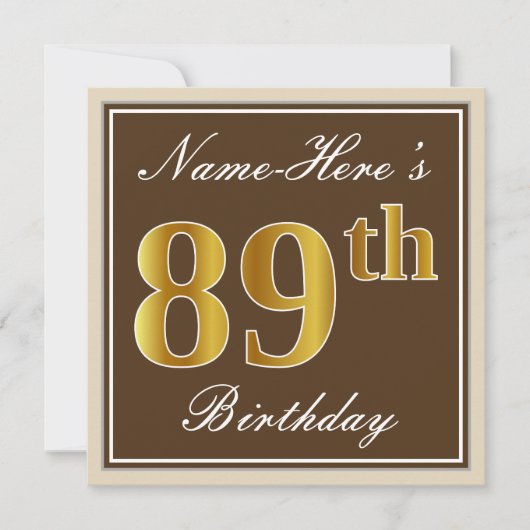 Elegant, bruin, Faux Gold 89th Birthday + naam Kaart (Voorkant)