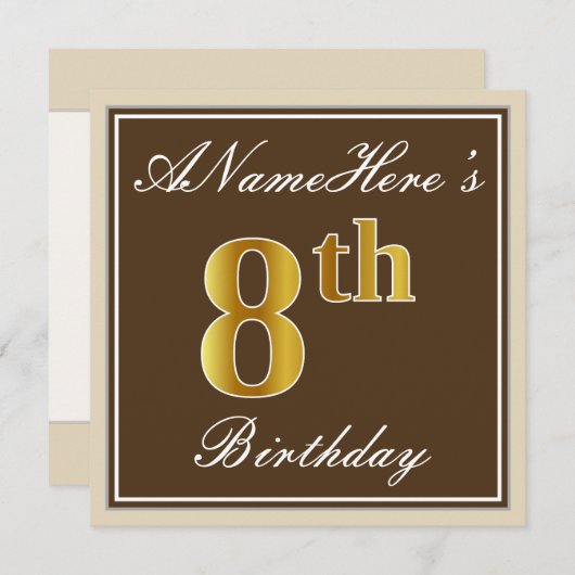 Elegant, bruin, Faux Gold 8th Birthday + naam Kaart (Voorkant / Achterkant)