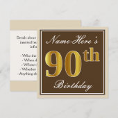 Elegant, bruin, Faux Gold 90th Birthday + naam Kaart (Voorkant / Achterkant)