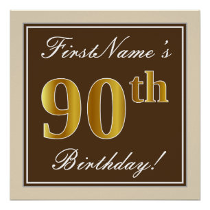 Elegant, bruin, Faux Gold 90th Birthday + naam Poster