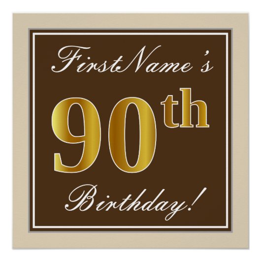 Elegant, bruin, Faux Gold 90th Birthday + naam Poster (Voorkant)