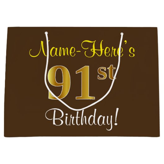 Elegant, bruin, Faux Gold 91st Birthday + naam Groot Cadeauzakje (Voorkant)