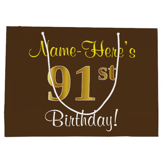 Elegant, bruin, Faux Gold 91st Birthday + naam Groot Cadeauzakje (Achterkant)