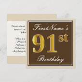 Elegant, bruin, Faux Gold 91st Birthday + naam Kaart (Voorkant / Achterkant)