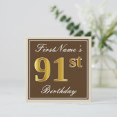 Elegant, bruin, Faux Gold 91st Birthday + naam Kaart (Staand voorkant)