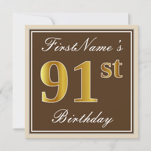 Elegant, bruin, Faux Gold 91st Birthday + naam Kaart (Voorkant)