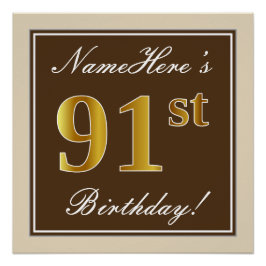 Elegant, bruin, Faux Gold 91st Birthday + naam Poster