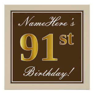 Elegant, bruin, Faux Gold 91st Birthday + naam Poster