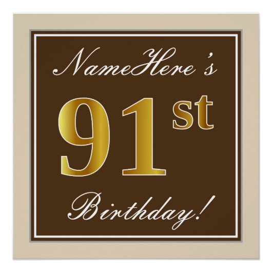 Elegant, bruin, Faux Gold 91st Birthday + naam Poster (Voorkant)