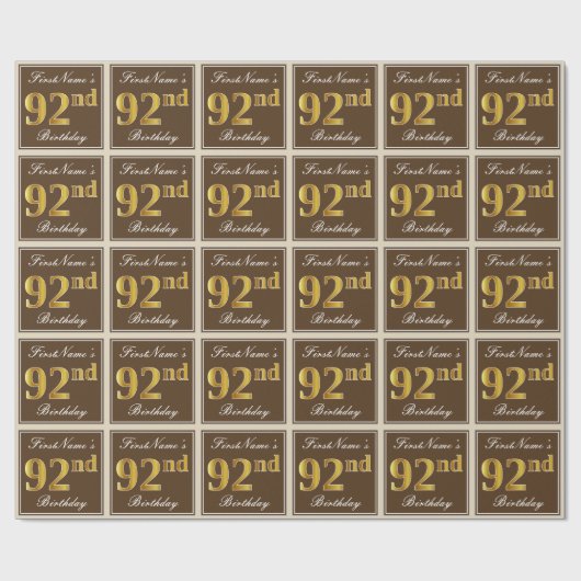 Elegant, bruin, Faux Gold 92e verjaardag + naam Cadeaupapier (Vlak)