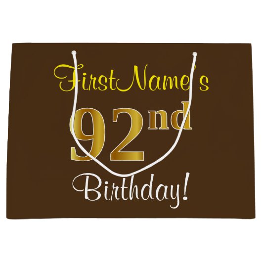 Elegant, bruin, Faux Gold 92e verjaardag + naam Large Cadeautasje (Voorkant)