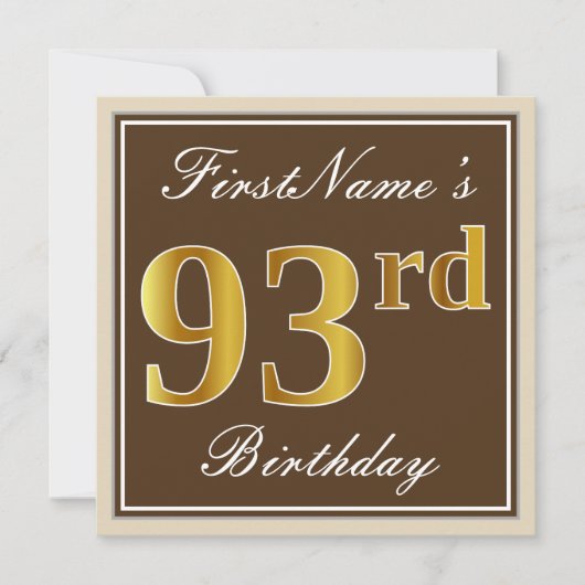 Elegant, bruin, Faux Gold 93rd Birthday + naam Kaart (Voorkant)