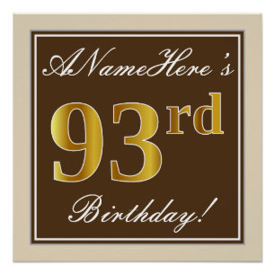 Elegant, bruin, Faux Gold 93rd Birthday + naam Poster