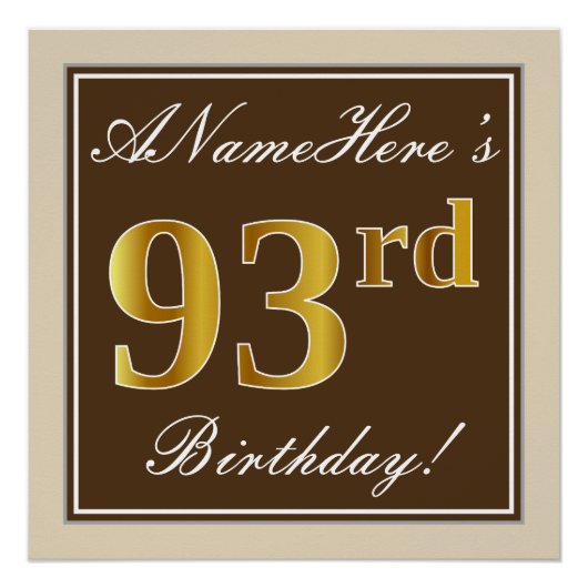 Elegant, bruin, Faux Gold 93rd Birthday + naam Poster (Voorkant)