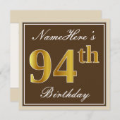 Elegant, bruin, Faux Gold 94th Birthday + naam Kaart (Voorkant / Achterkant)