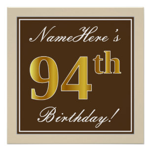 Elegant, bruin, Faux Gold 94th Birthday + naam Poster