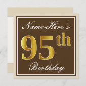 Elegant, bruin, Faux Gold 95th Birthday + naam Kaart (Voorkant / Achterkant)