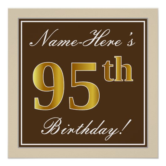 Elegant, bruin, Faux Gold 95th Birthday + naam Poster (Voorkant)