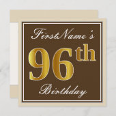 Elegant, bruin, Faux Gold 96th Birthday + naam Kaart (Voorkant / Achterkant)