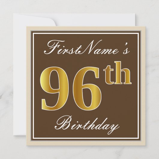 Elegant, bruin, Faux Gold 96th Birthday + naam Kaart (Voorkant)