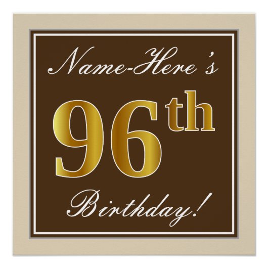 Elegant, bruin, Faux Gold 96th Birthday + naam Poster (Voorkant)