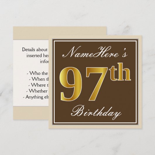 Elegant, bruin, Faux Gold 97th Birthday + naam Kaart (Voorkant / Achterkant)