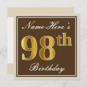 Elegant, bruin, Faux Gold 98th Birthday + naam Kaart (Voorkant / Achterkant)