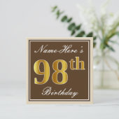 Elegant, bruin, Faux Gold 98th Birthday + naam Kaart (Staand voorkant)