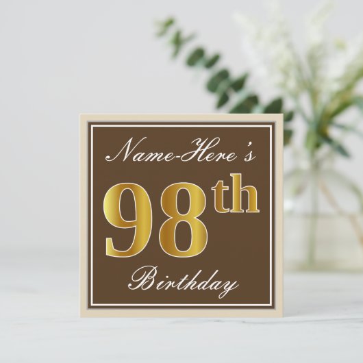Elegant, bruin, Faux Gold 98th Birthday + naam Kaart (Staand voorkant)