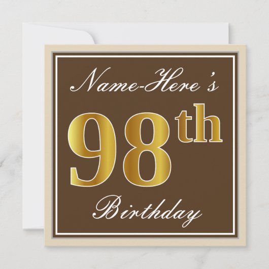 Elegant, bruin, Faux Gold 98th Birthday + naam Kaart (Voorkant)