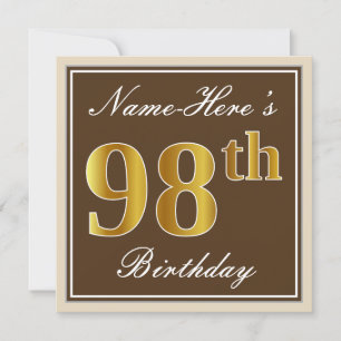 Elegant, bruin, Faux Gold 98th Birthday + naam Kaart