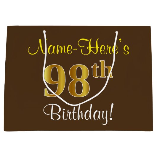 Elegant, bruin, Faux Gold 98th Birthday + naam Large Cadeautasje (Voorkant)