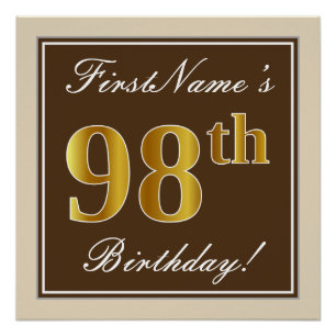 Elegant, bruin, Faux Gold 98th Birthday + naam Poster