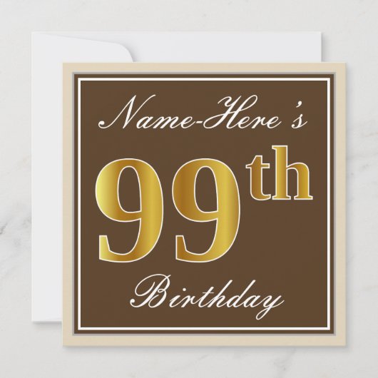 Elegant, bruin, Faux Gold 99th Birthday + naam Kaart (Voorkant)