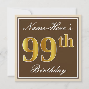 Elegant, bruin, Faux Gold 99th Birthday + naam Kaart