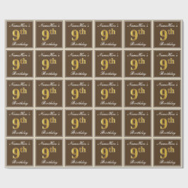 Elegant, bruin, Faux Gold 9th Birthday + naam Cadeaupapier