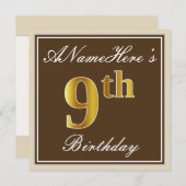 Elegant, bruin, Faux Gold 9th Birthday + naam Kaart (Voorkant / Achterkant)