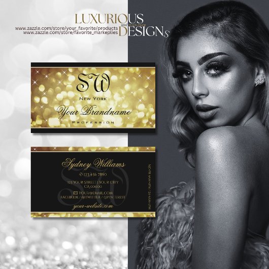 Elegant Bruin Goud Glitter Sterren Monogram Zwart Visitekaartje